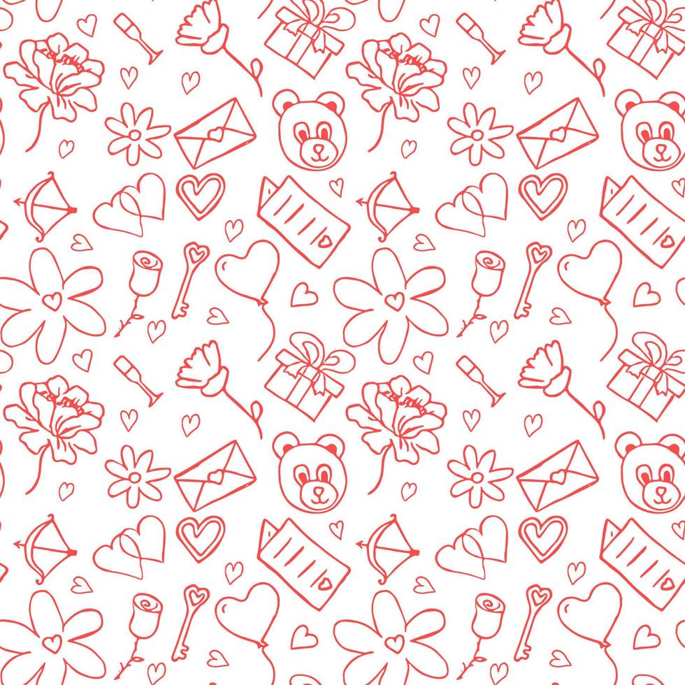 Valentine's day pattern. Seamless pattern with hearts, giftbox, flowers, teddy bear, rose. Set of valentine's day icons vector