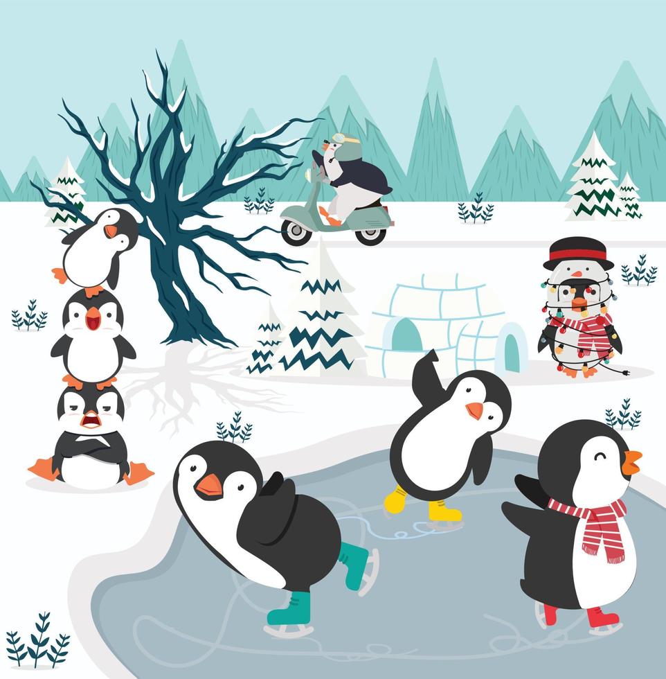 Happy Penguins ice skates on the lake vector