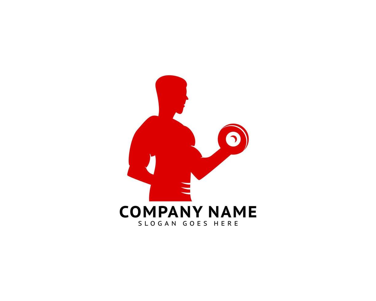 Fitness club logo with man silhouette, Man holds dumbbell vector