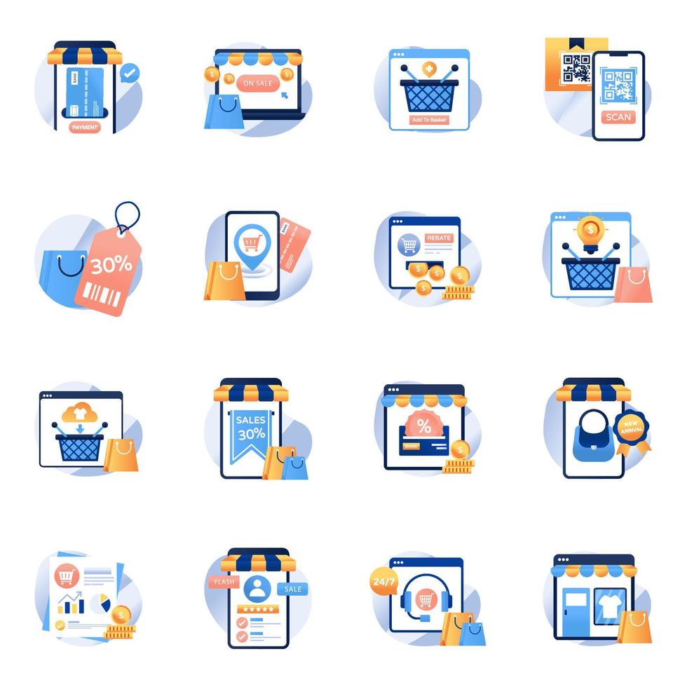 paquete de iconos planos de compras e vector