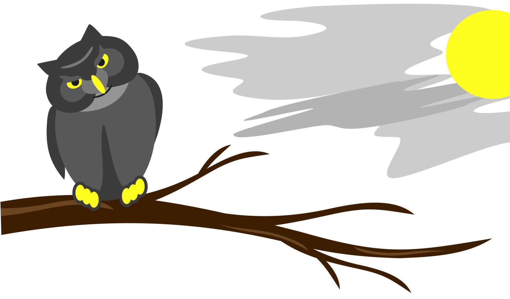 A serious owl sits on a branch in the fog vector