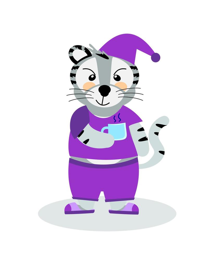 A cheerful striped Bengal tiger in pajamas and slippers with a mug, the symbol of 2022. Vector illustration, isolated on a white background, drawn by hand. For printing children's