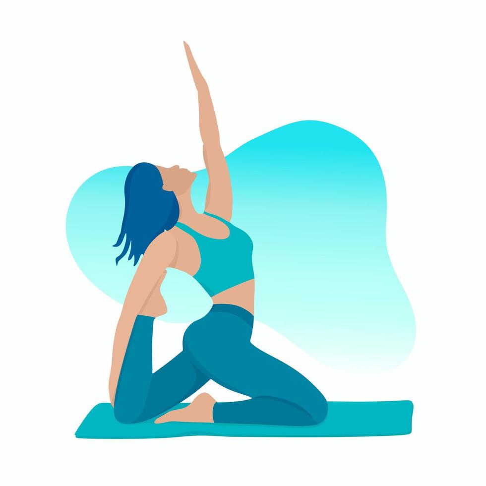 una chica joven, activa y atractiva está haciendo yoga en una alfombra. postura de anjaneyasana. meditación, estiramiento, estilo de vida saludable. vector