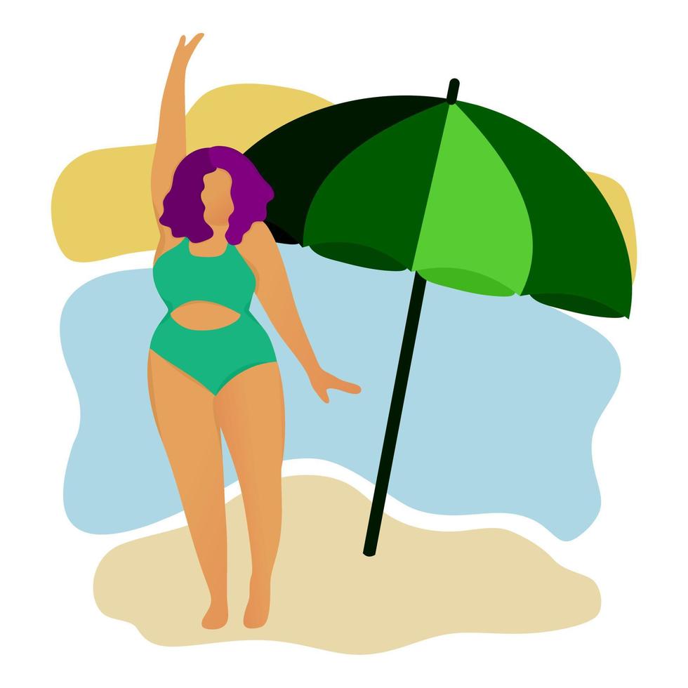 Happy chubby girl in a red swimsuit. The body is positive. Love your body. Girls on the beach. Acceptance of your body. vector