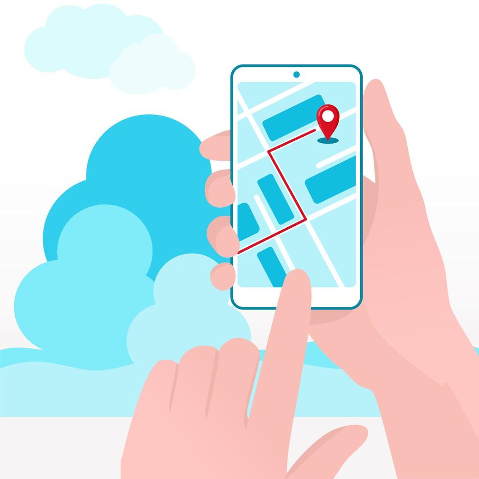 Online order home delivery service. The delivery route in your phone. Phone in hand. For websites, mobile apps, banners, and posters. vector