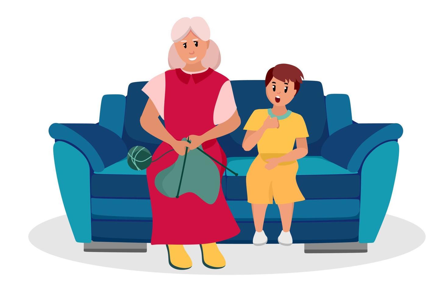 The older woman is a grandmother with her grandson sitting on the couch. Elderly people are cartoon characters. Old age. Vector illustration of a flat style, isolated on a white background