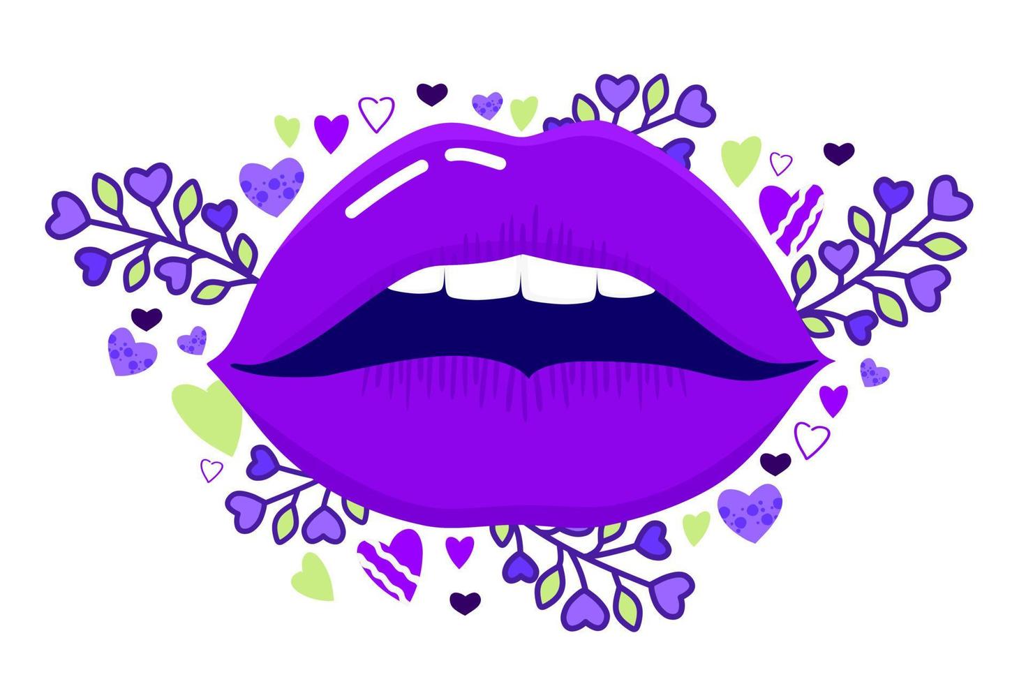 ilustración de labios de corazones y ramitas en tonos morados sobre un fondo blanco. dia mundial del beso un cartel, un cartel para un sitio web, una aplicación. vector