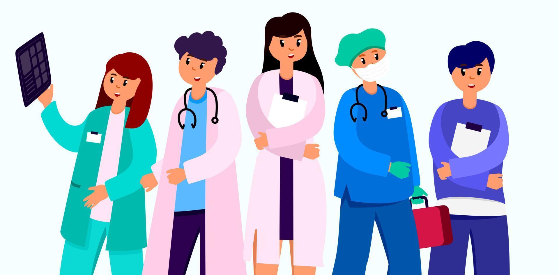 Doctors medicine prevention of diseases and viruses Masked doctor, medical student, resident, intern Illustration for landing page, banner, website, infographics, interface in the style of flat design vector