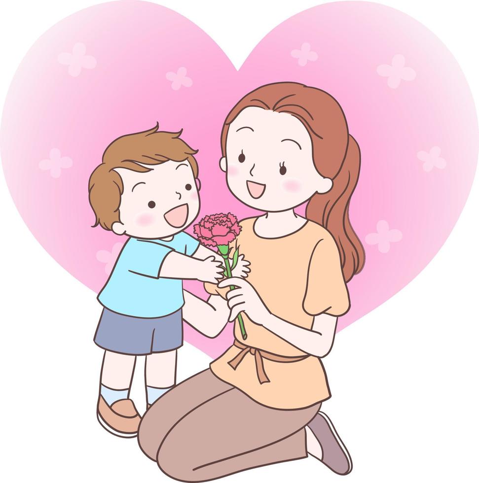 Child gives mother carnation flower vector