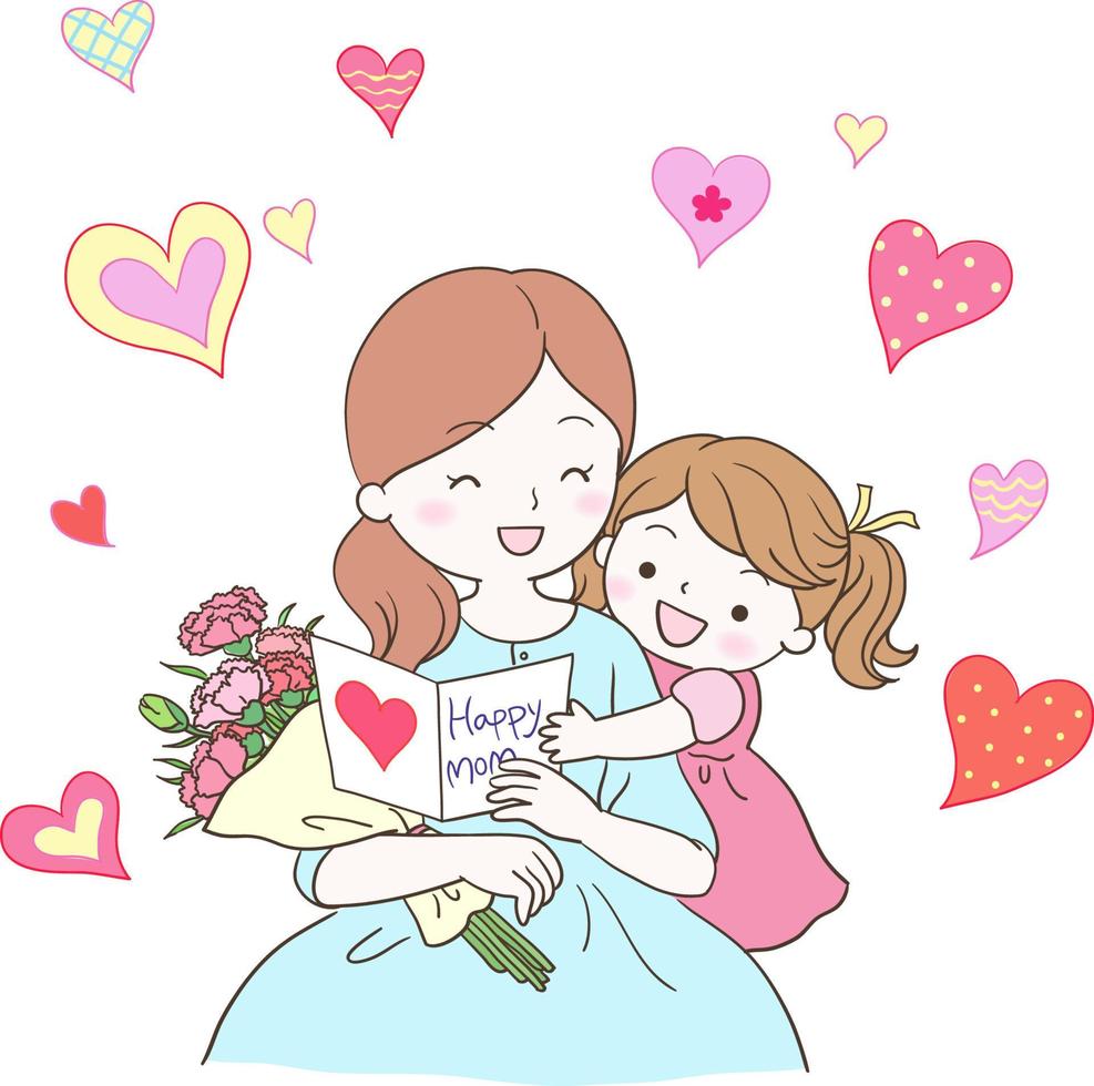 la hija le da a la madre la tarjeta y las flores de clavel vector