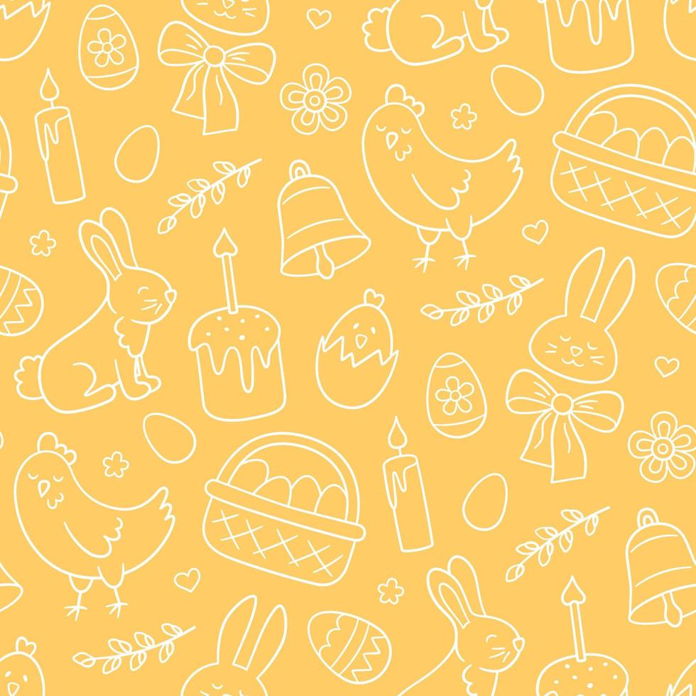 Cute Easter doodle seamless pattern with bunny, basket, easter eggs, cakes, chicken, willow twigs and candles. Vector hand drawn illustration