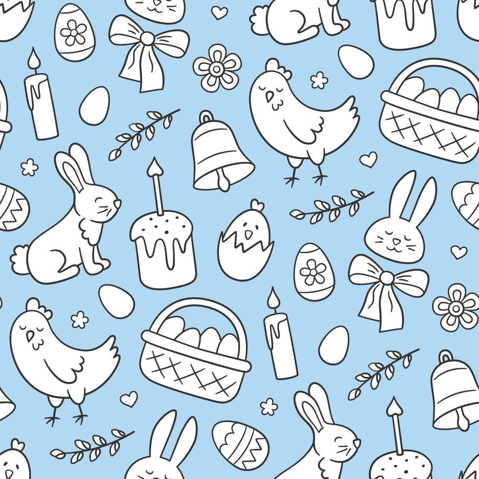 Cute Easter doodle seamless pattern with bunny, basket, easter eggs, cakes, chicken, willow twigs and candles. Vector hand drawn illustration