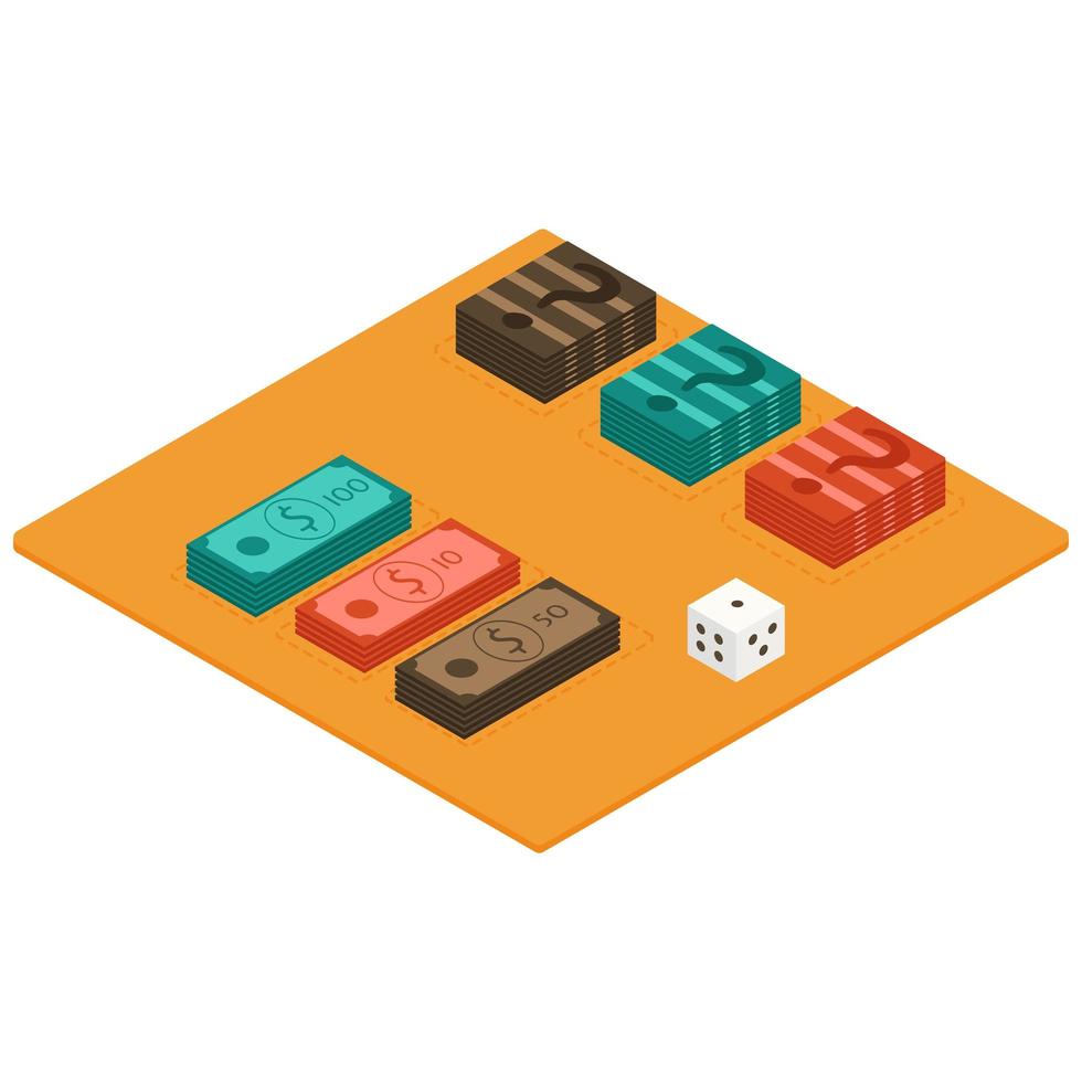 Playing cards for a board game in isometry. Isometric dollars bundles. Playing dice. Flat vector isometric money icon.Flat vector illustration