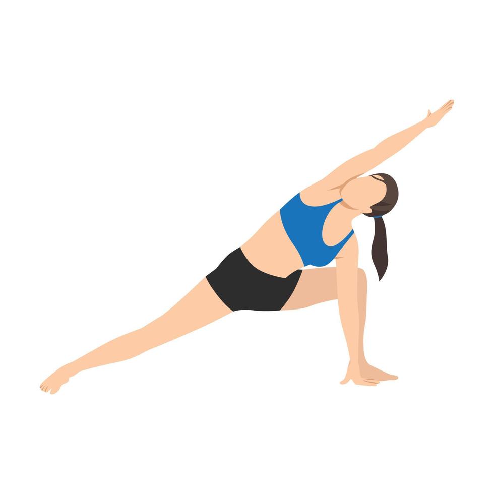 mujer haciendo ejercicio de posición de ángulo lateral extendido utthita parsvakonasana. ilustración vectorial plana aislada sobre fondo blanco vector