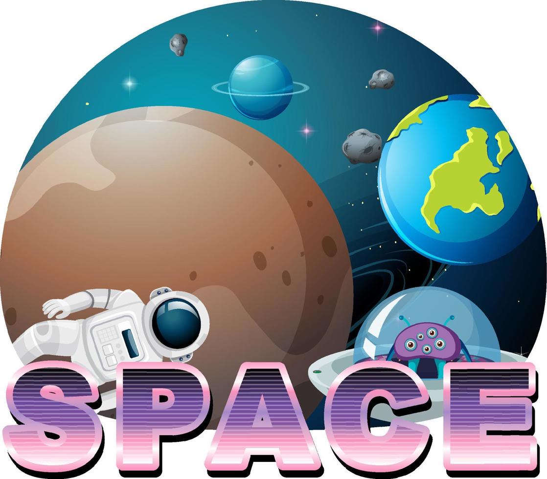 Space word logo design with Spaceship vector