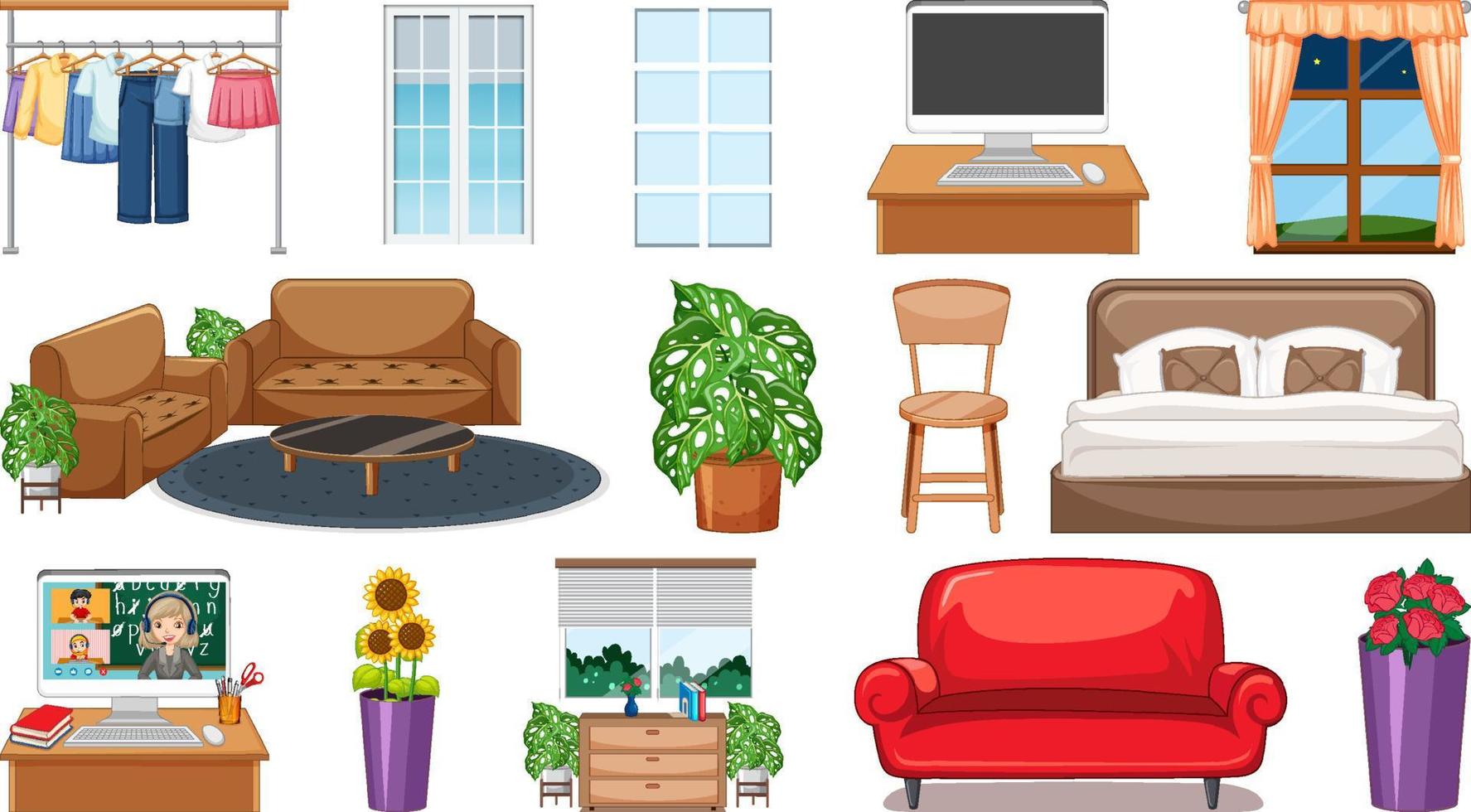 Set of interior furniture and decorations vector