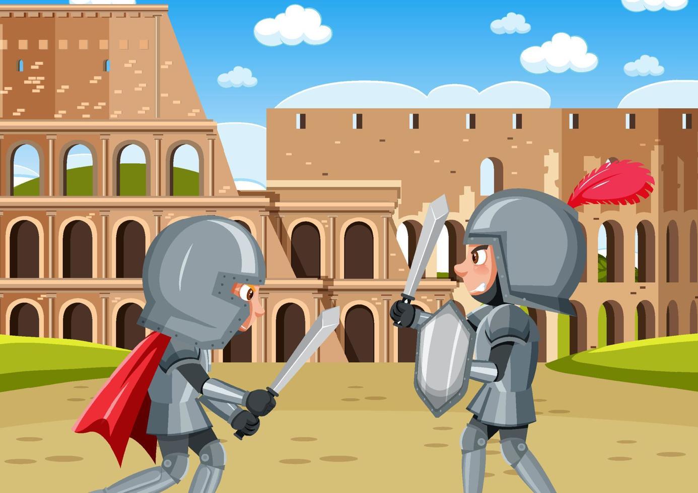 Scene with two knights in armour is fighting vector