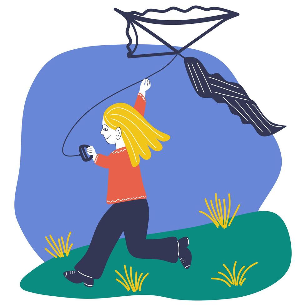 A little girl flying a kite outdoors vector