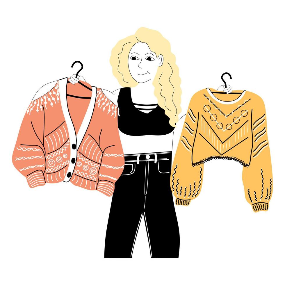 Boho girl choosing a sweater to wear vector