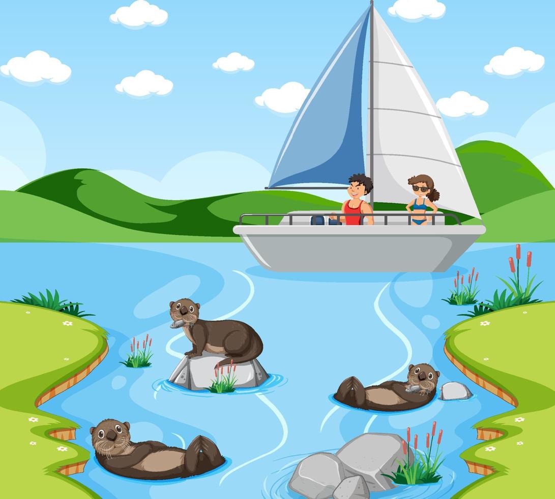 River forest scene with traveller on a sailboat vector