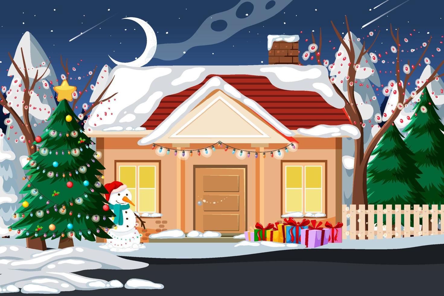 Snow-covered a house and decorated with Christmas decorations vector