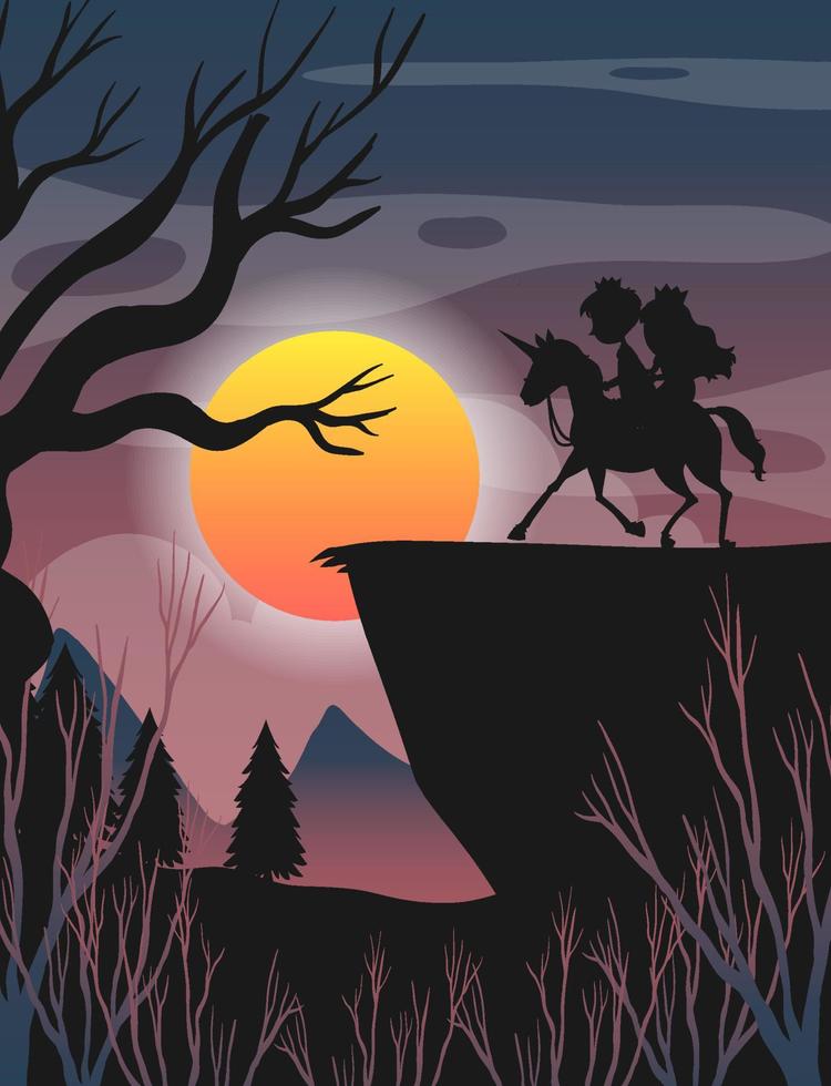 Silhouette prince and princess with full moon background vector