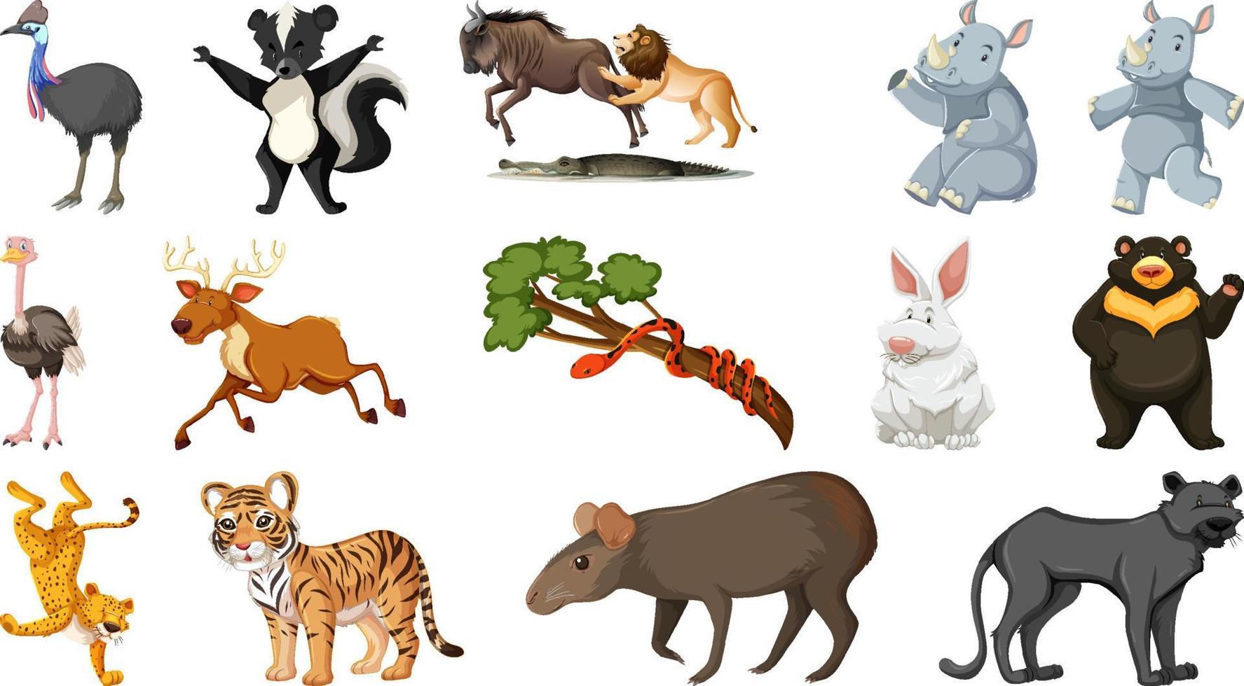 Set of different wild animals cartoon characters vector