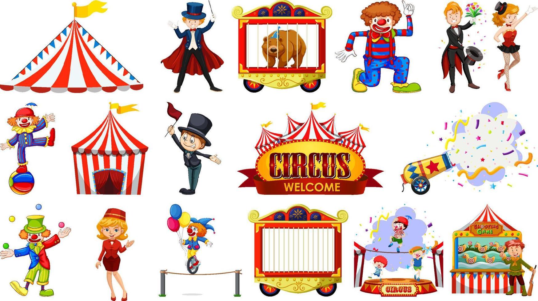 conjunto de personajes de circo y elementos del parque de atracciones. vector