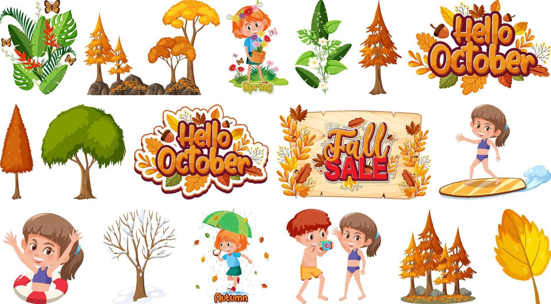 Set of four seasons trees and nature objects vector