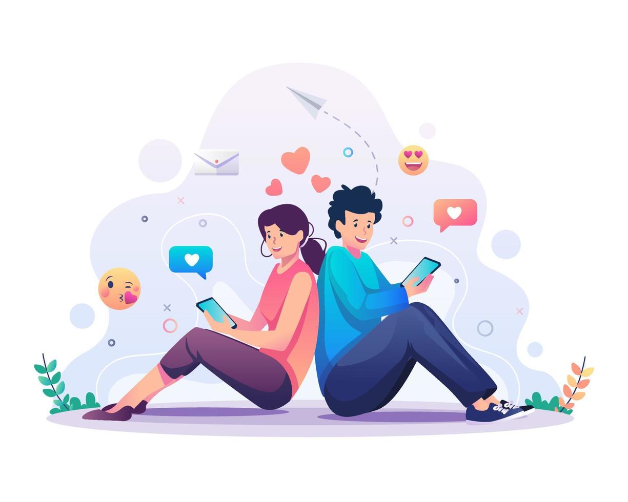 Online dating and social networking with a couple leaning against each other and chatting via their smartphone. Flat style vector illustration