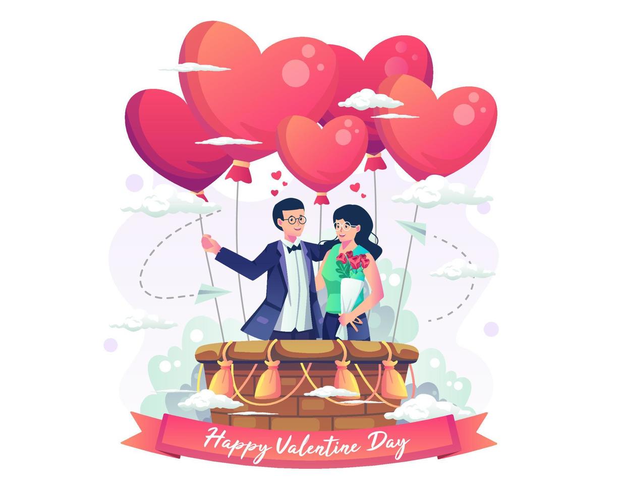 pareja romántica disfrutando el día de san valentín volando un globo aerostático. globos flotantes del corazón por encima de las nubes. ilustración vectorial de estilo plano vector