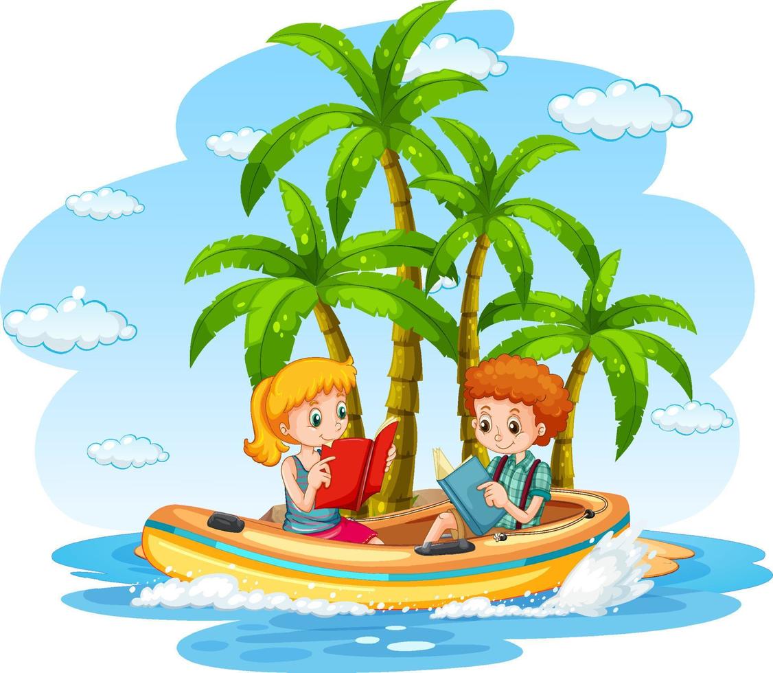 Isolated cartoon island with children on inflatable boat vector