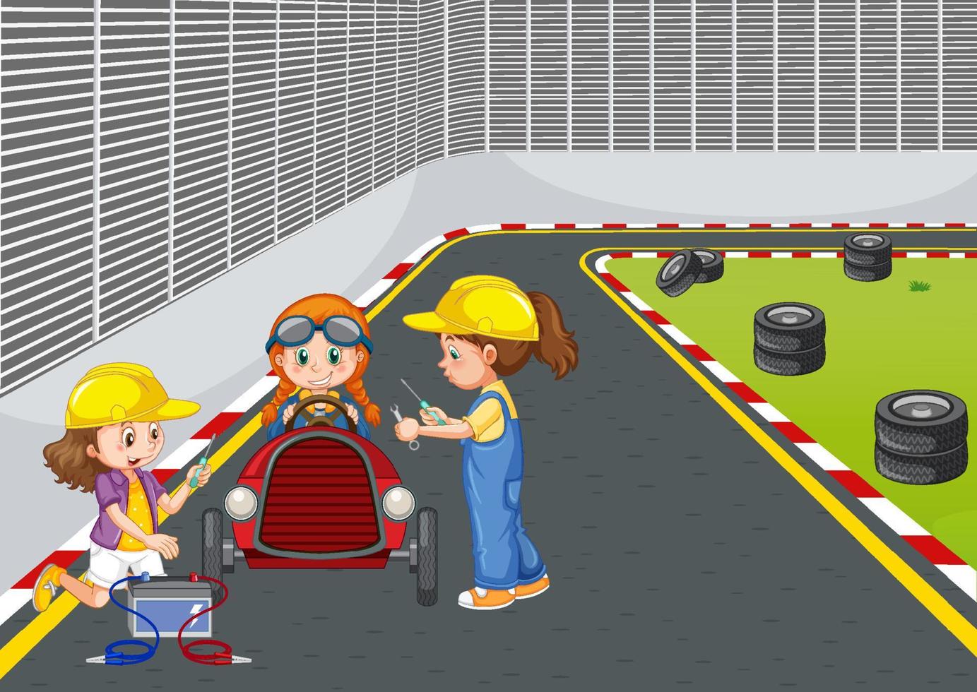 Escena de derby de jabonera con niños arreglando un coche de carreras. vector