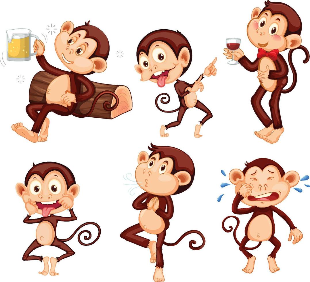 Set of funny monkeys doing different activities vector