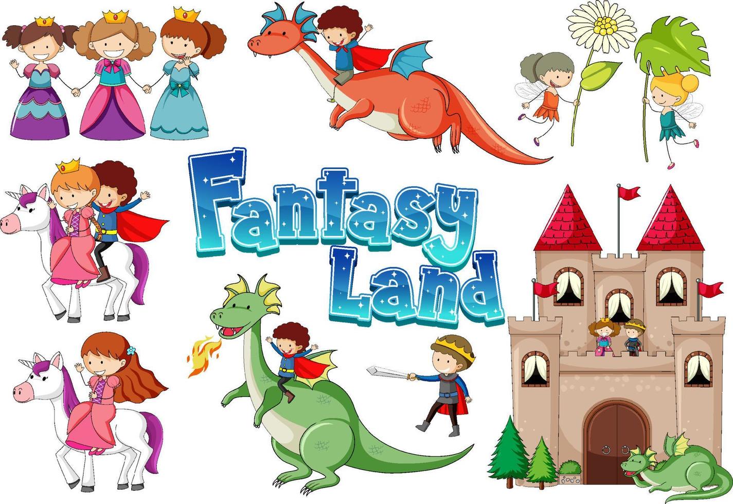 Set of dragon and fairy tale cartoon characters vector