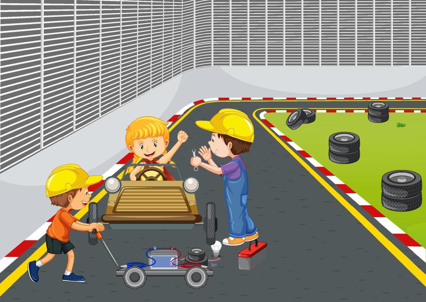 Soapbox derby scene with children racing car vector
