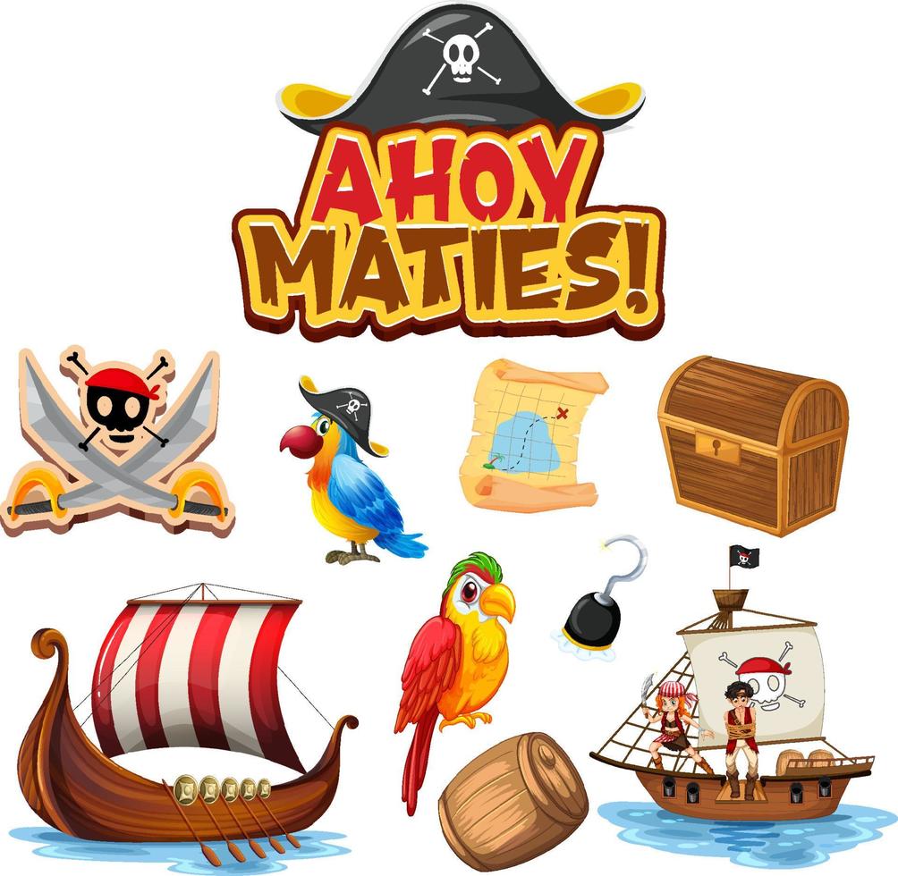 conjunto de personajes y objetos de dibujos animados piratas vector