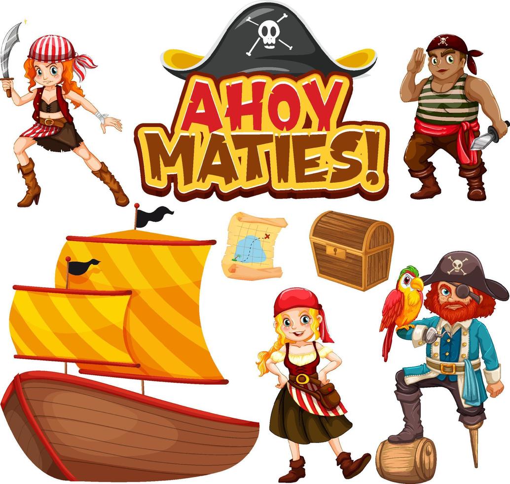 Set of pirate cartoon characters and objects vector