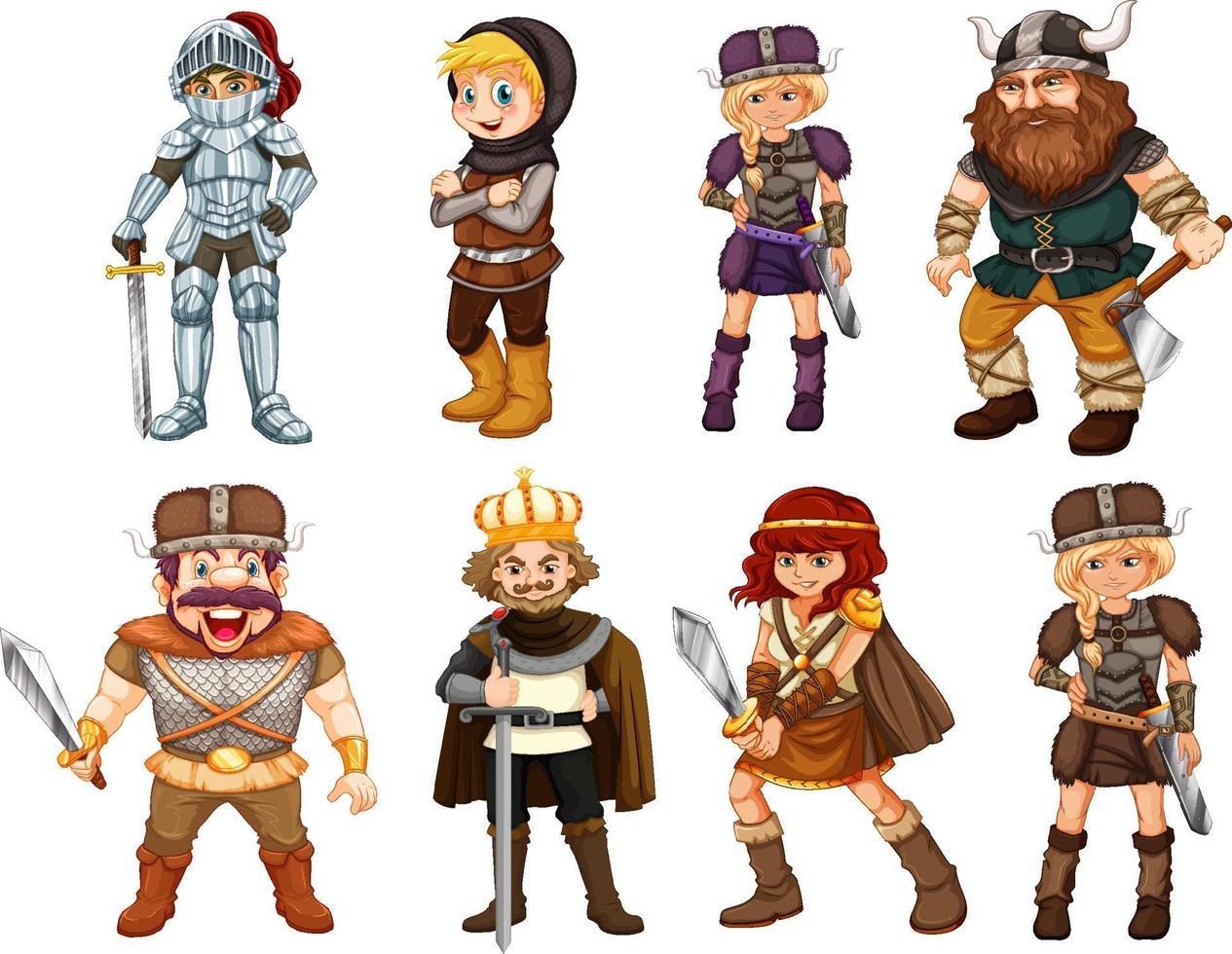 conjunto de objetos y personajes de dibujos animados vikingos vector