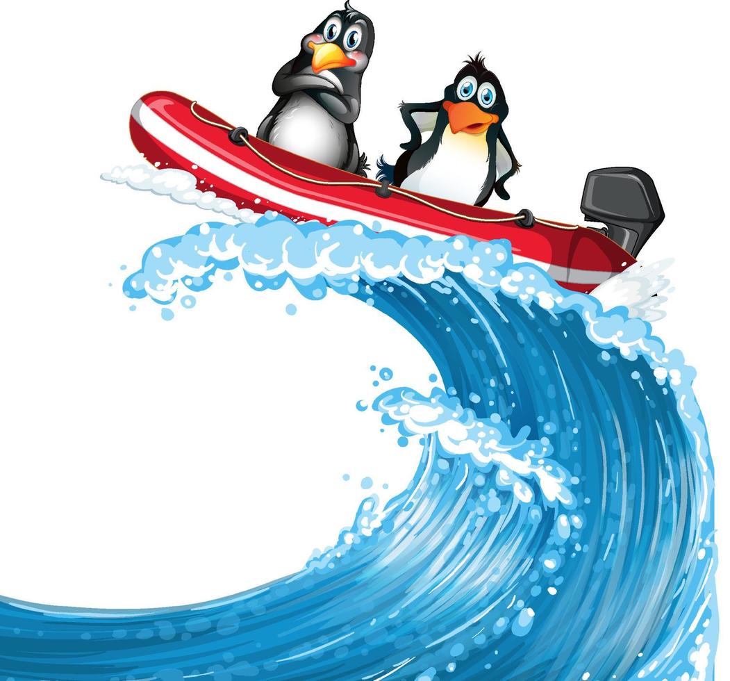 Penguins on a speed boat in cartoon style vector