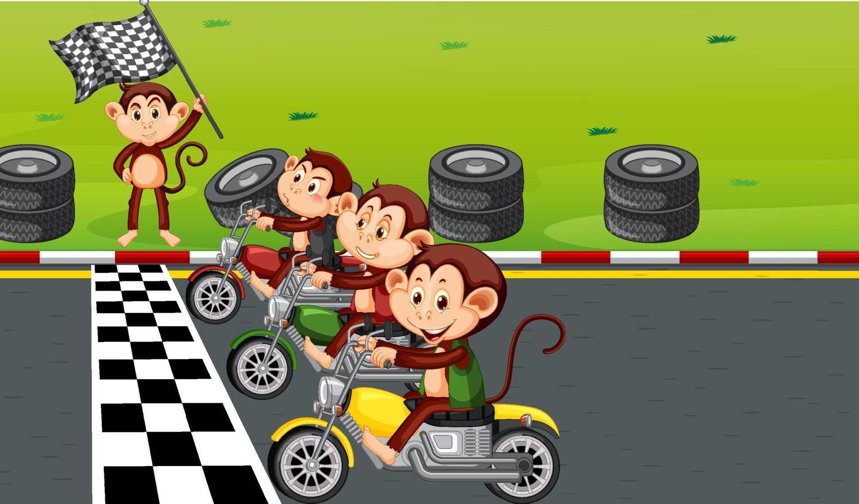 Escena de pista de carreras con monos montando motocicletas. vector