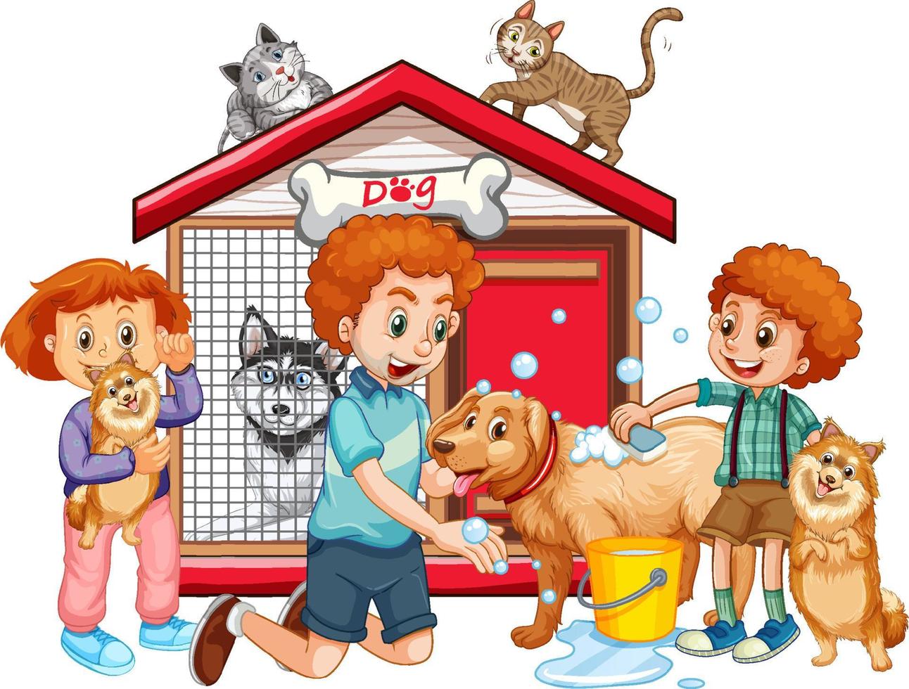 Happy children with their dogs in cartoon style vector