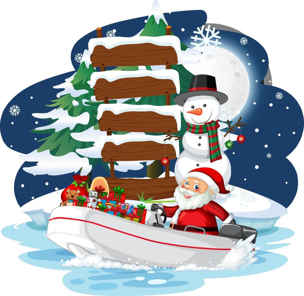 Snowy night with elves delivering gifts by boat vector