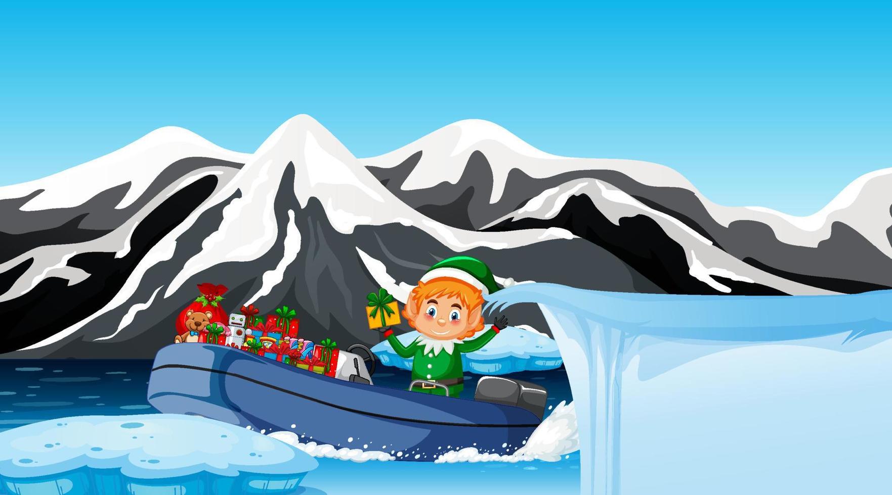 Snowy day with cute elf delivering gifts by motorboat vector