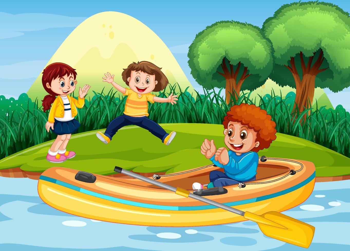 paisaje natural con un niño en un bote inflable vector