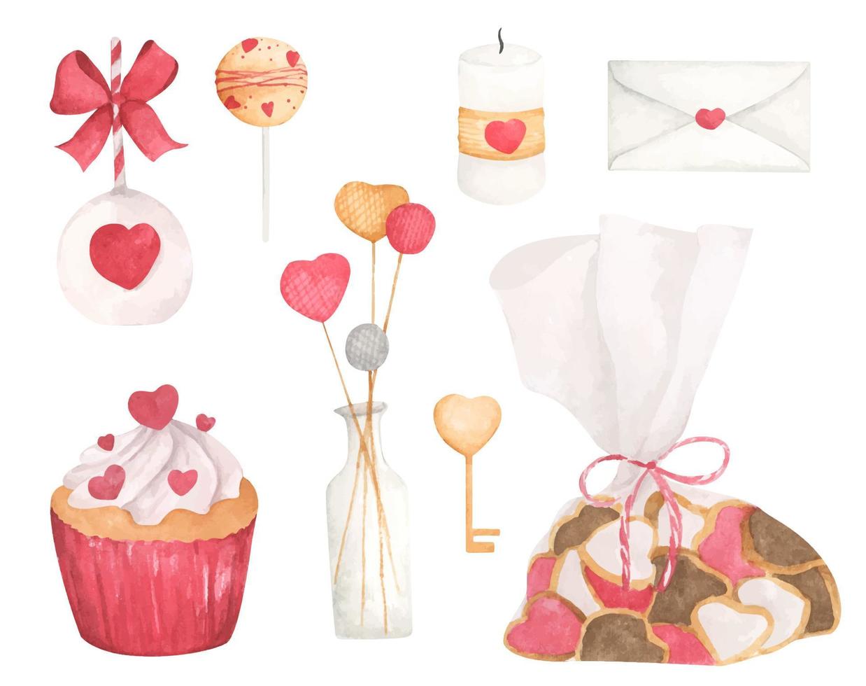 Set of decorative elements. Symbols of Valentine's Day. Watercolor illustration. vector