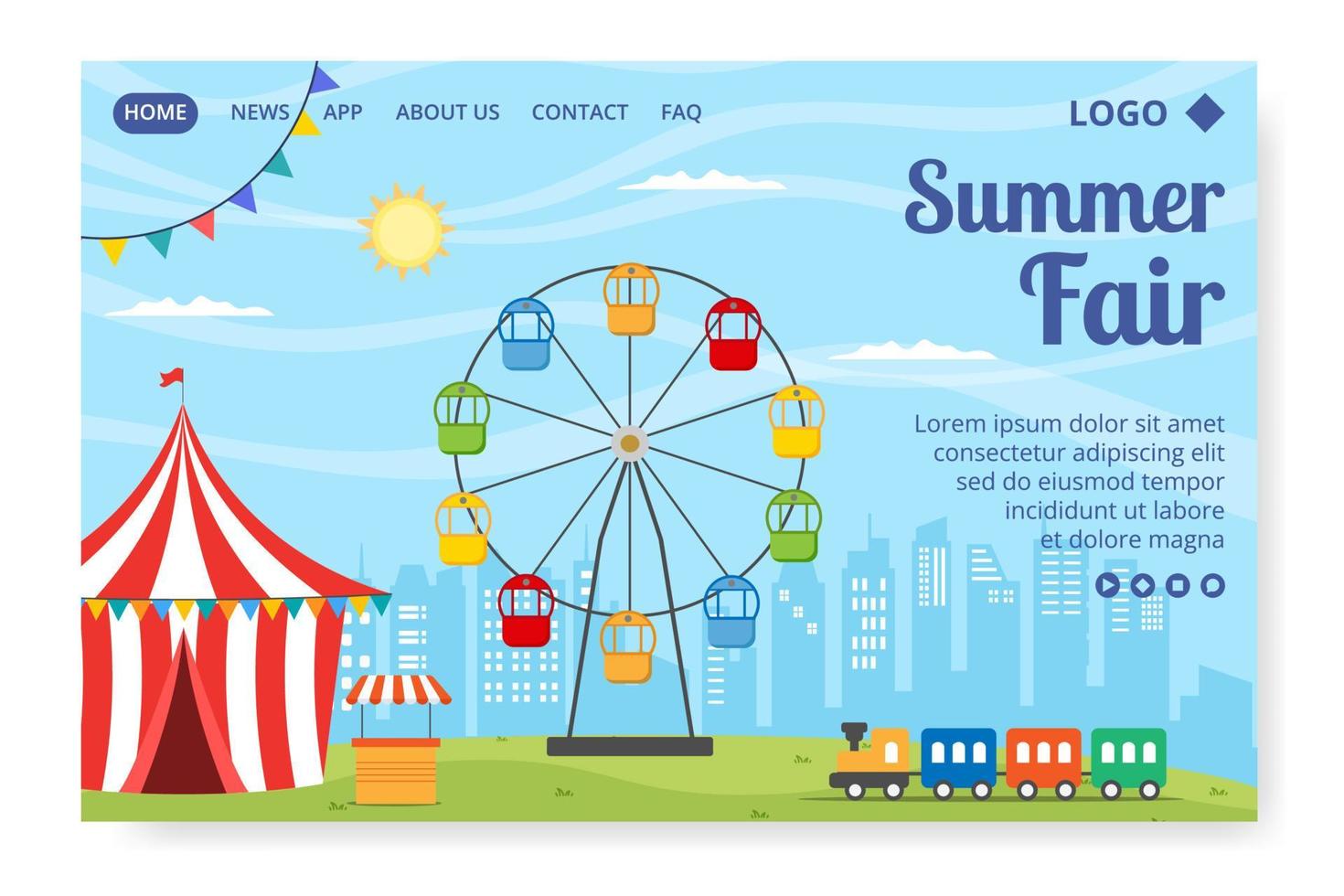 Summer Fair of Carnival, Circus, Fun Fair or Amusement Park Landing Page Template Flat Illustration Editable of Square Background for Social Media vector