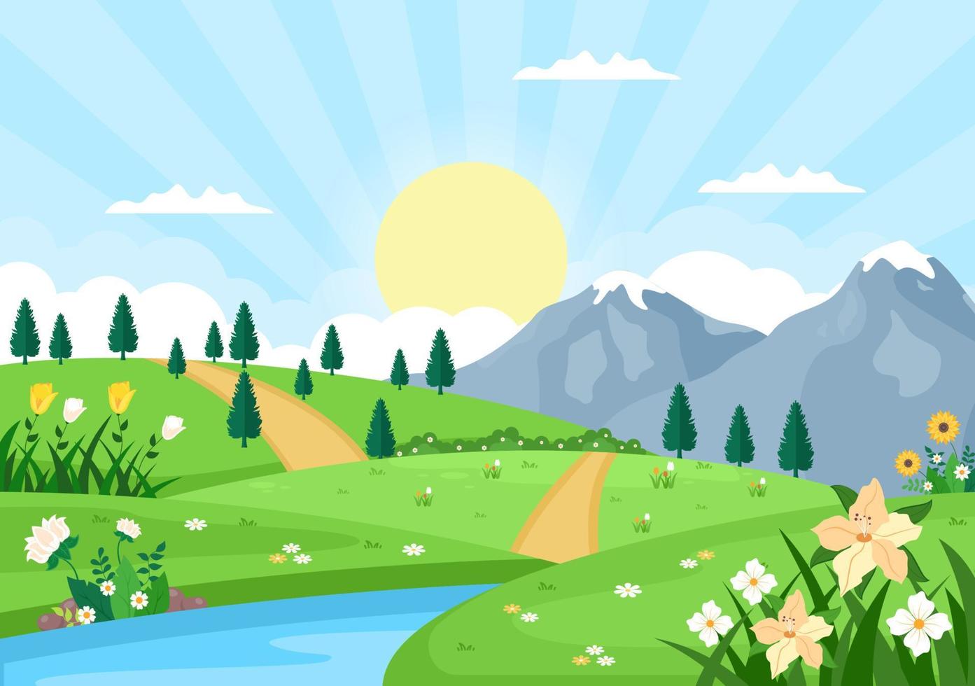 Spring Time Landscape Background with Flowers Season, Rainbow and Plant for Promotions, Magazines, Advertising or Websites. Nature Vector illustration