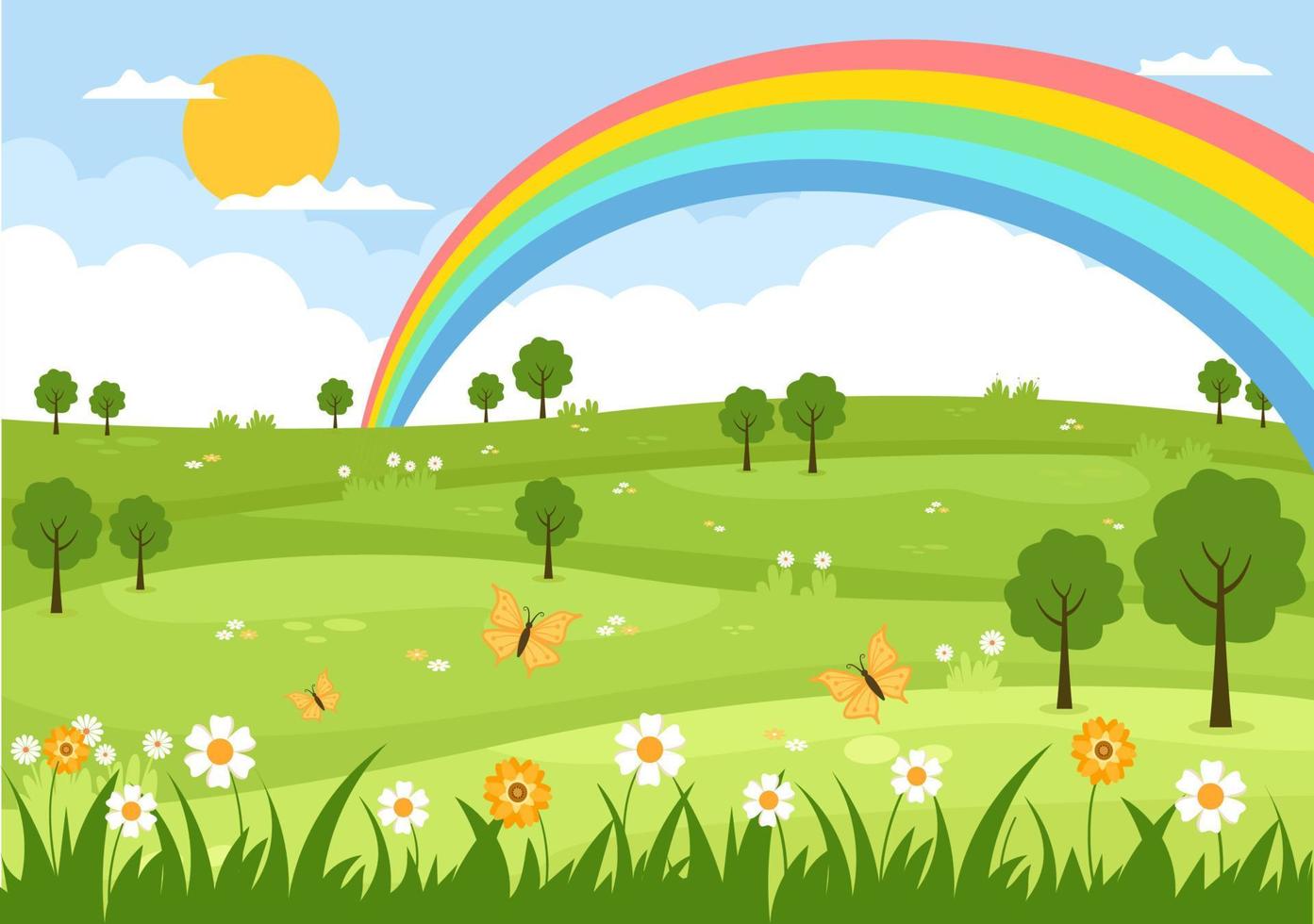 fondo de paisaje de primavera con temporada de flores, arco iris y planta para promociones, revistas, publicidad o sitios web. ilustración de vector de naturaleza