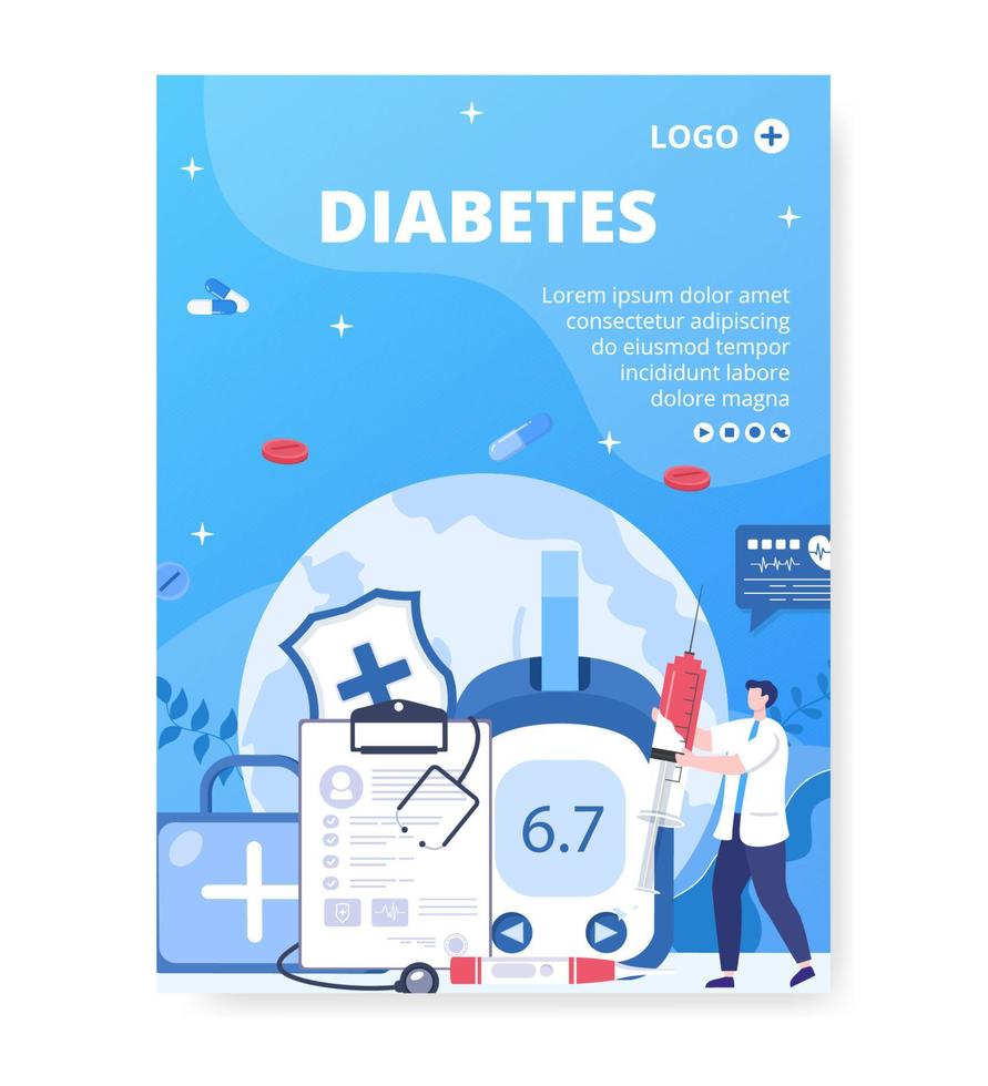 ilustración de diseño plano de plantilla de póster de prueba de diabetes editable de fondo cuadrado adecuado para redes sociales de atención médica o tarjeta de saludos vector